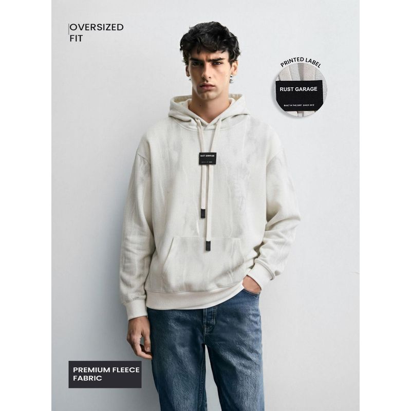 The Indian Garage Co Men Oversized Fit Textured Full Sleeves Hoodie - White (L)