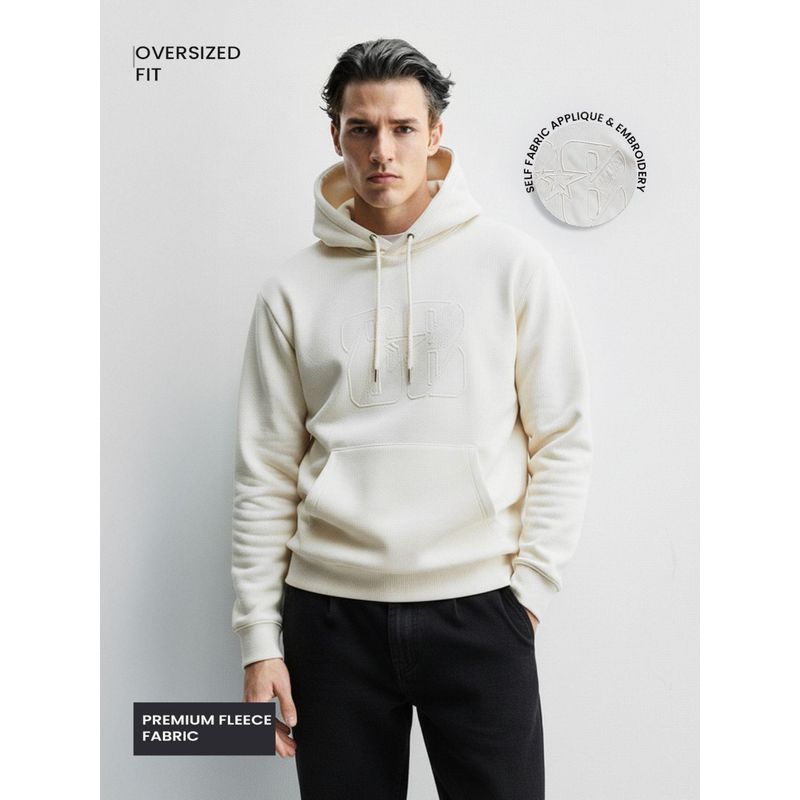 The Indian Garage Co Men Oversized Fit Embroider Full Sleeves Hoodie - Cream (S)