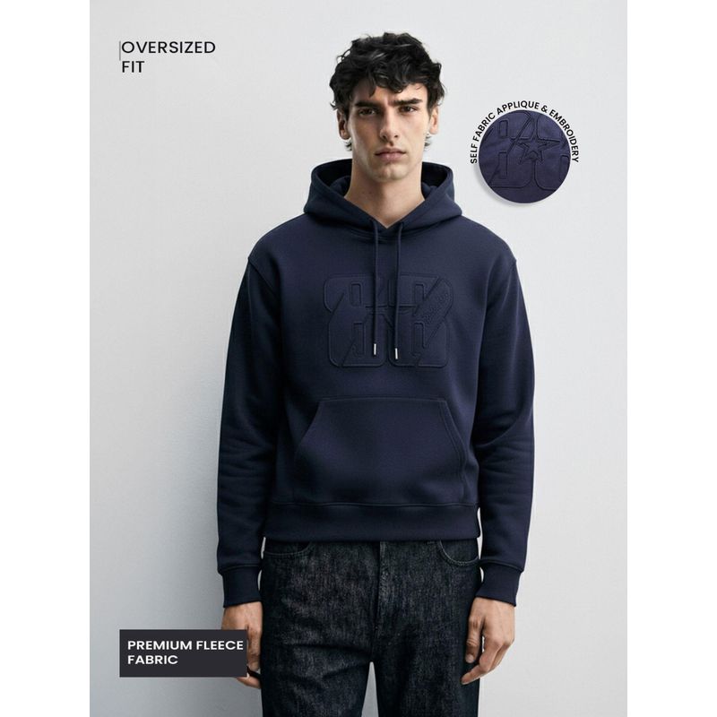 The Indian Garage Co Men Oversized Fit Embroider Full Sleeves Hoodie - Blue (S)