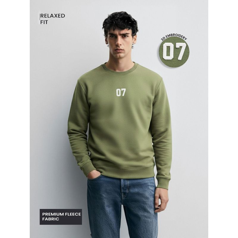 The Indian Garage Co Men Relaxed Fit Embroider Crew Neck Full Sleeves Sweatshirt - Olive (L)