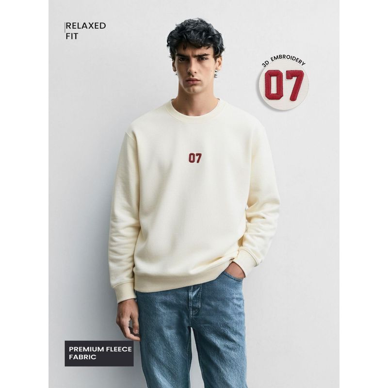 The Indian Garage Co Men Relaxed Fit Embroider Crew Neck Full Sleeves Sweatshirt - Cream (XL)