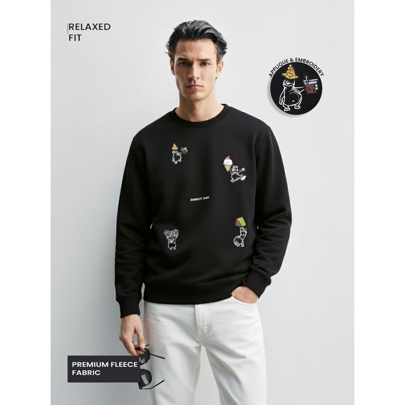 The Indian Garage Co Men Relaxed Fit Embroider Crew Neck Full Sleeves Sweatshirt - Black (S)