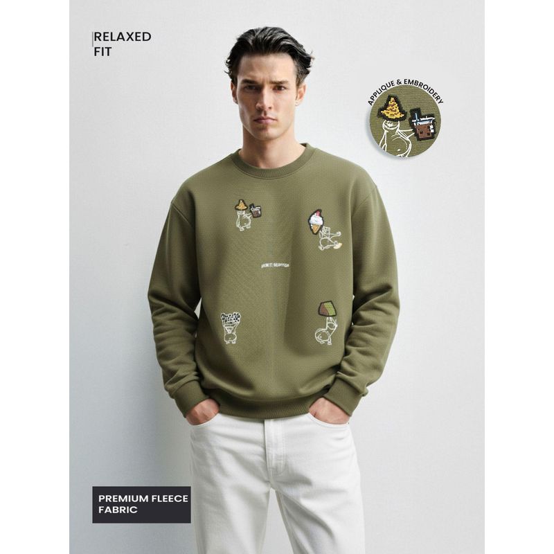The Indian Garage Co Men Relaxed Fit Embroider Crew Neck Full Sleeves Sweatshirt - Olive (XL)
