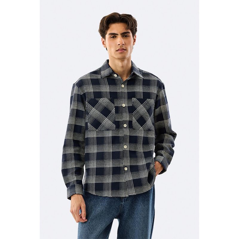 Snitch Double Pocket Plaid Flannel Overshirt - Navy Blue (L)