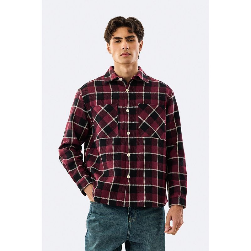 Snitch Double Pocket Plaid Flannel Overshirt - Burgundy (S)