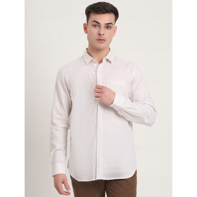 JadeBlue Men Beige Stripes Slim Fit Casual Shirt (44)