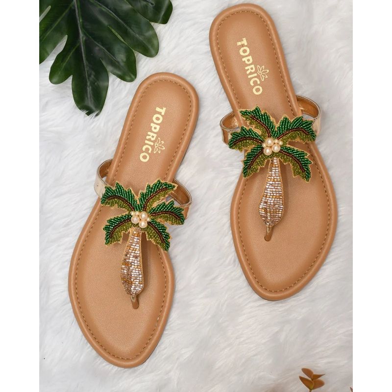 Toprico Tropical Vibes Beads Embroidered Tan Flats (EURO 39)