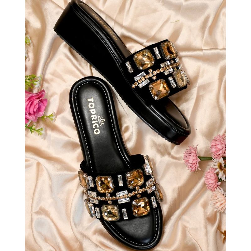 Toprico Love Embellished Black Wedges Heels (EURO 36)
