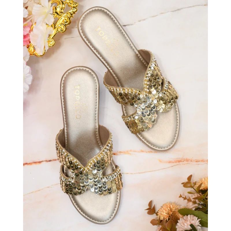 Toprico Rani Mahal Beads Embroidered Gold Heels (EURO 40)