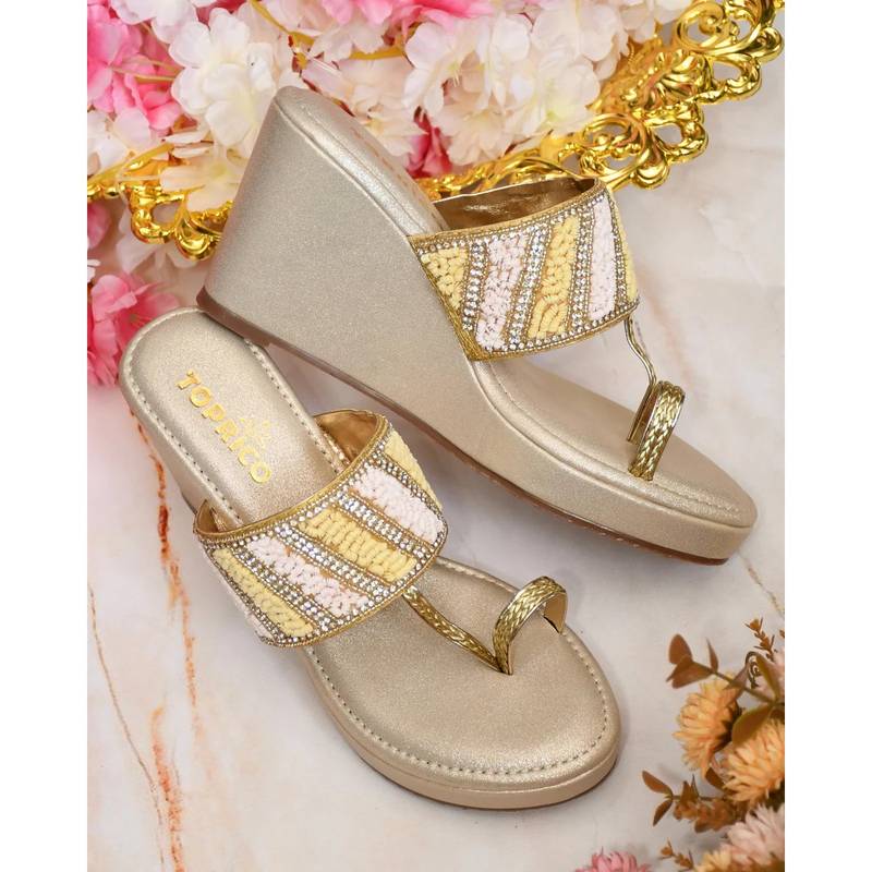 Toprico Desi In Pastels Beads Embroidered Gold Heels (EURO 41)