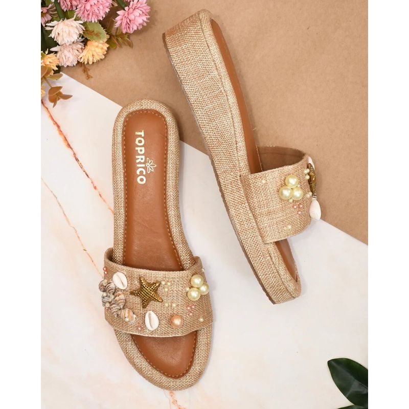 Toprico Seas The Day Beads Embroidered Tan Heels (EURO 36)