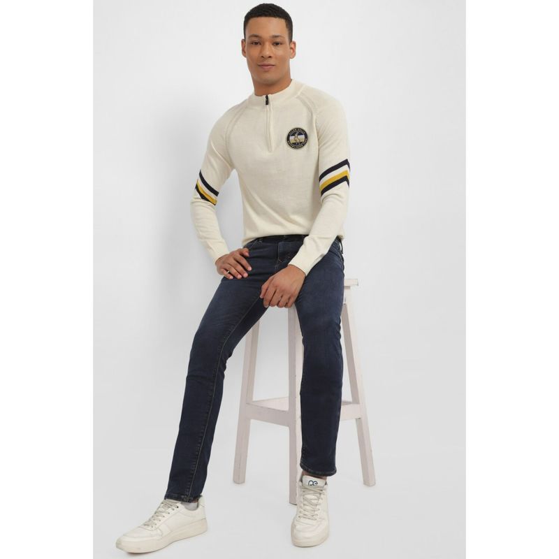 Allen Solly Men Cream Stylized Neck Full Sleeves Sweater (M)