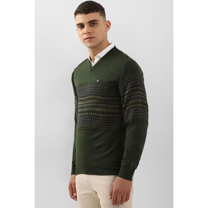 Peter England Men Green Patterned V Neck Sweater (S)