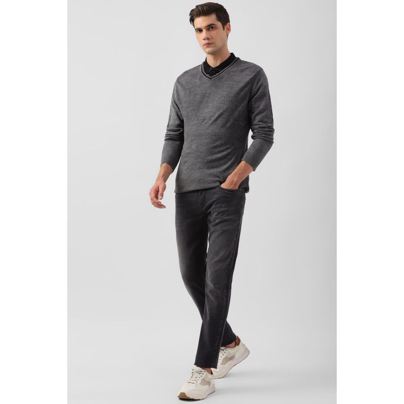 Peter England Men Grey Solid V Neck Sweater (M)