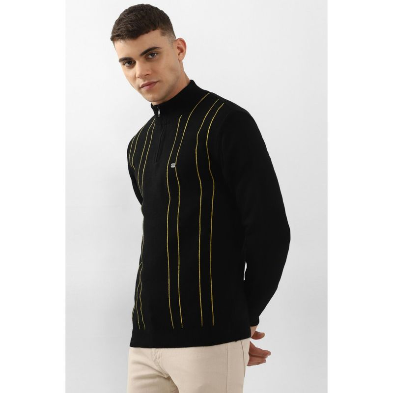Peter England Men Black Stripe Stylized Neck Sweater (L)
