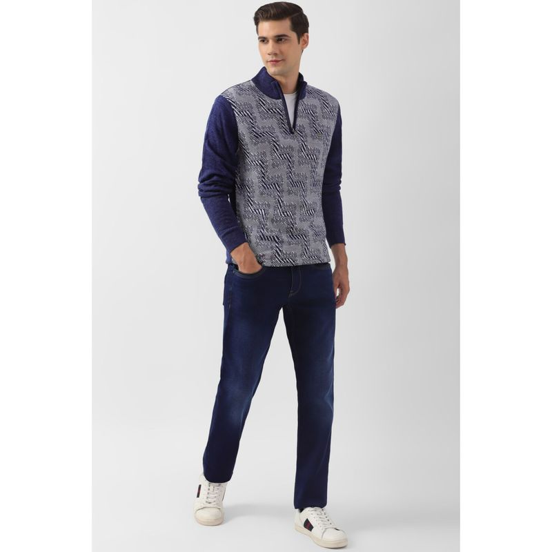 Peter England Men Navy Stylized Neck Sweater (XL)