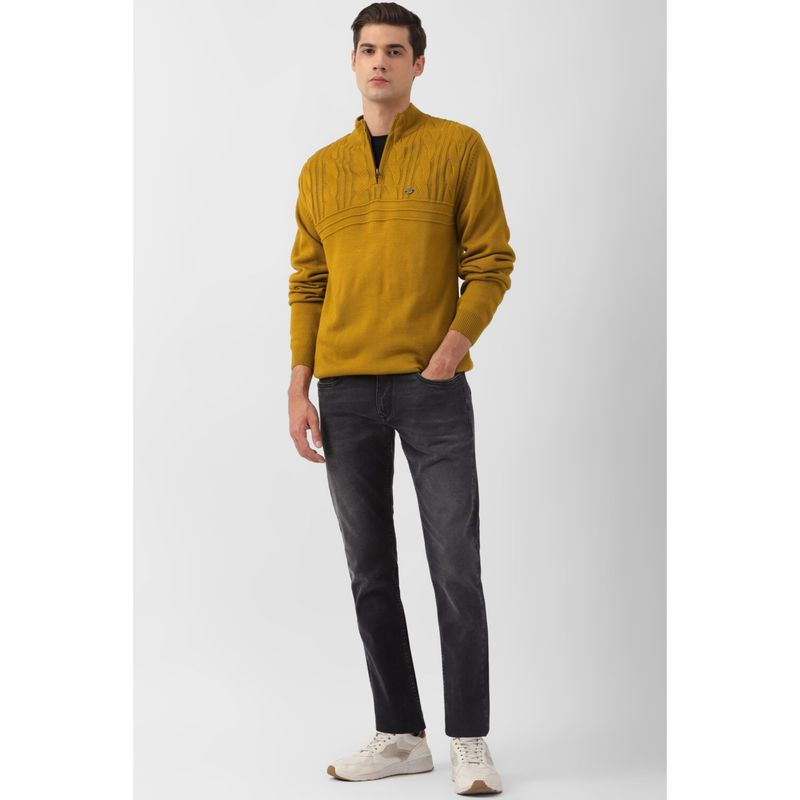 Peter England Men Yellow Solid Stylized Neck Sweater (S)