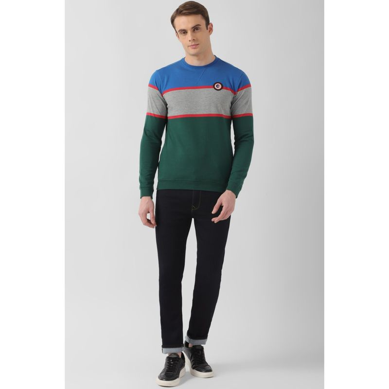 Peter England Men Green Colorblock Crew Neck Sweatshirt (M)