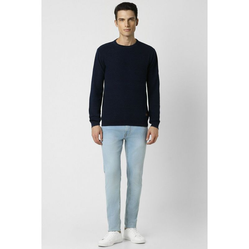 Peter England Men Navy Textured Crew Neck Sweater (L)