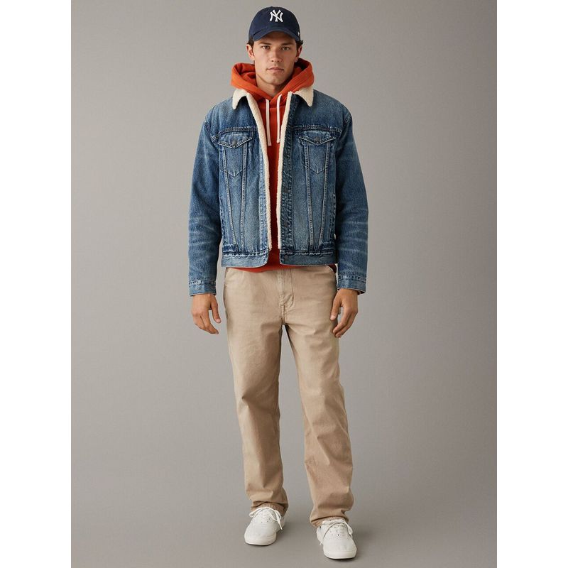 American Eagle Men Blue Denim Sherpa Trucker Jacket (M)