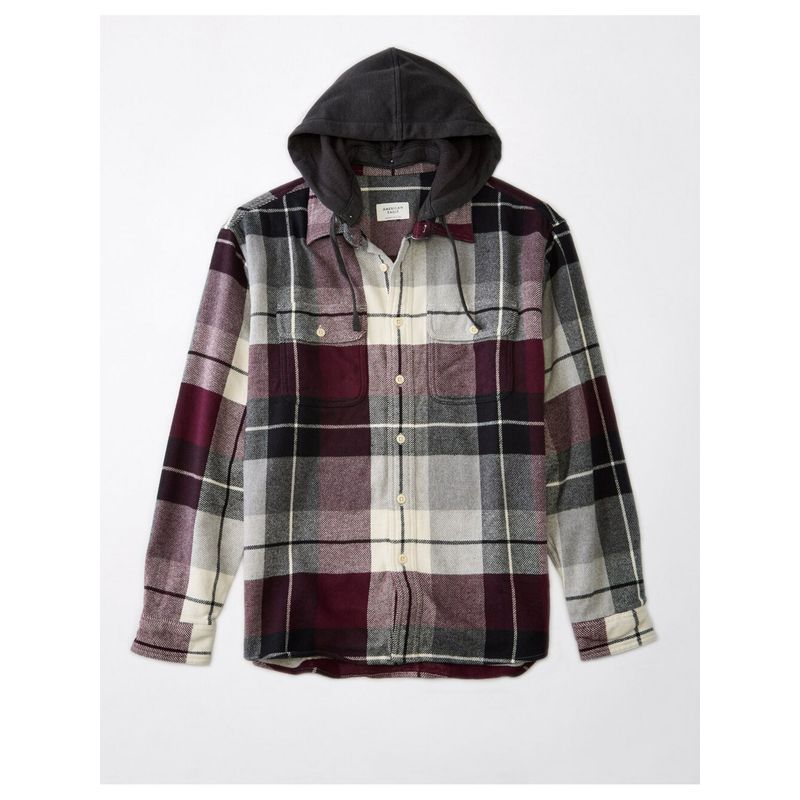American Eagle Men Multi-Colored Super Soft Hooded Flannel Shirt (M)