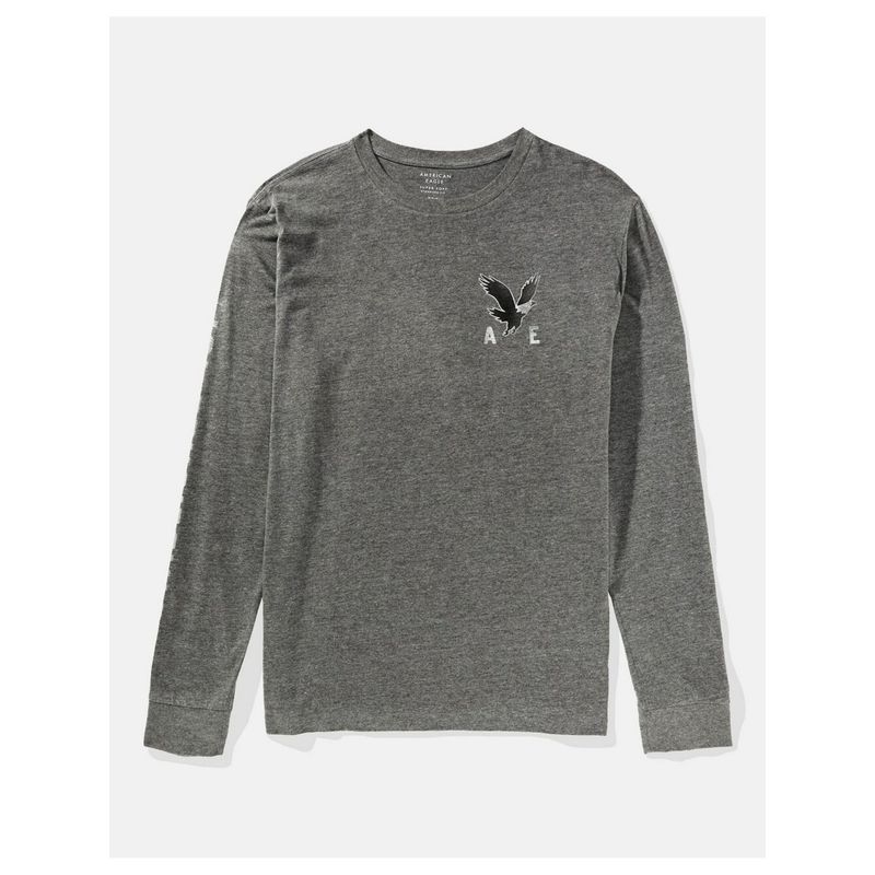 American Eagle Men Grey Super Soft Long-Sleeve Logo Graphic T-Shirt (XS)
