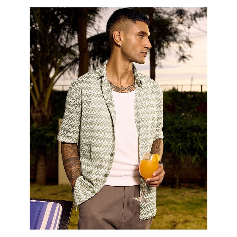 Bewakoof Men's Green and White Geometric Oversized Crochet Shirt (S)