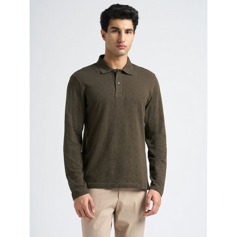 SELECTED HOMME Men Organic Cotton Brown Self Design Collar Neck Polo T-Shirt (S)