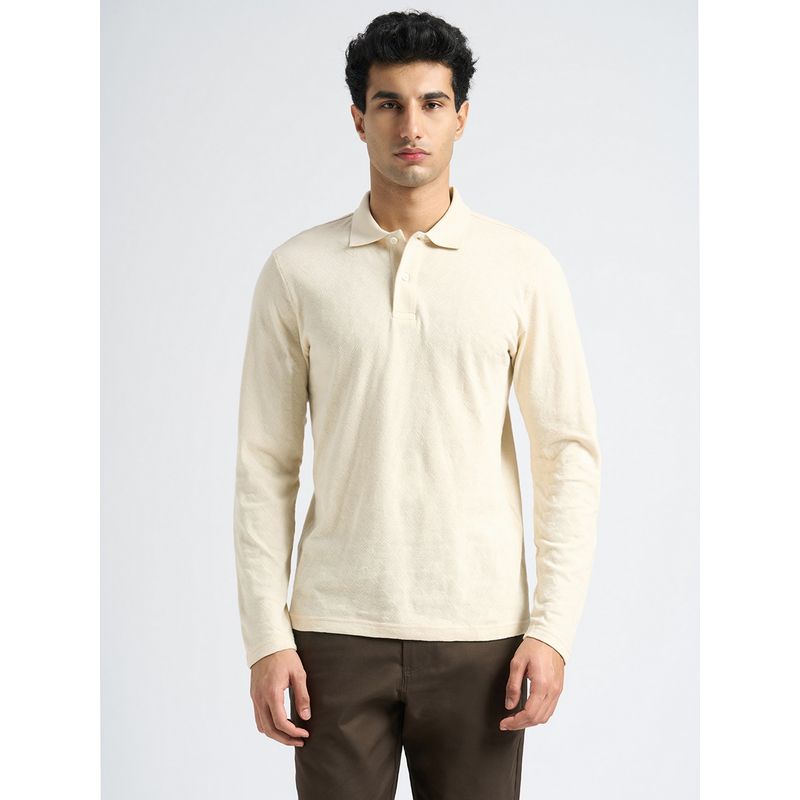 SELECTED HOMME Men Organic Cotton Beige Self Design Collar Neck Polo T-Shirt (S)