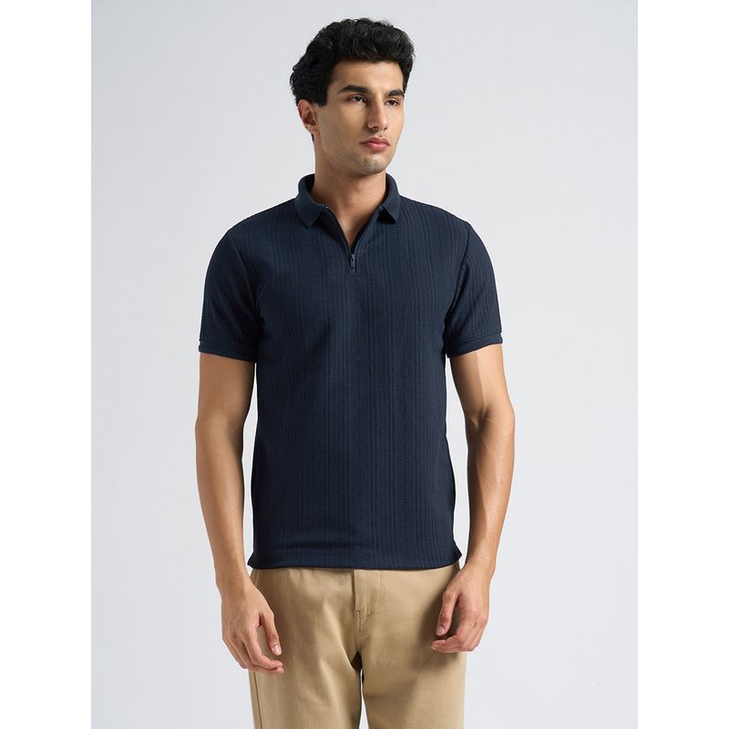 SELECTED HOMME Men Polyester Navy Blue Textured Collar Neck Polo T-Shirt (S)