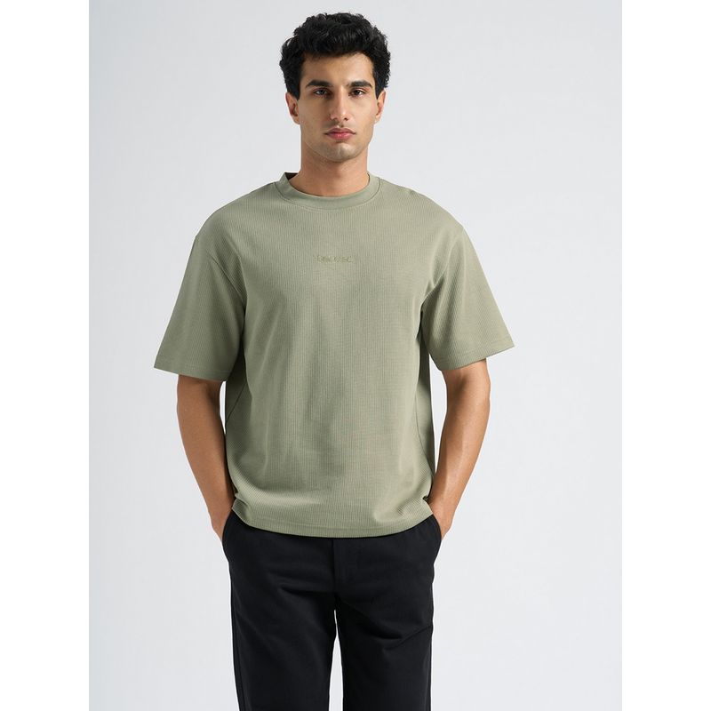 SELECTED HOMME Men Cotton Green Textured Crew Neck T-Shirt (S)