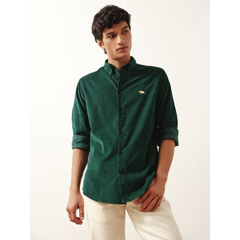 Andamen Men Cotton Tencel Corduroy Regular Fit Green Shirt (S)