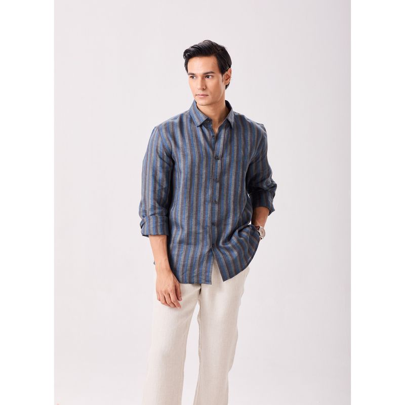 MH&Y Concealed Button Down Blue Linen Stripes Shirt (38)