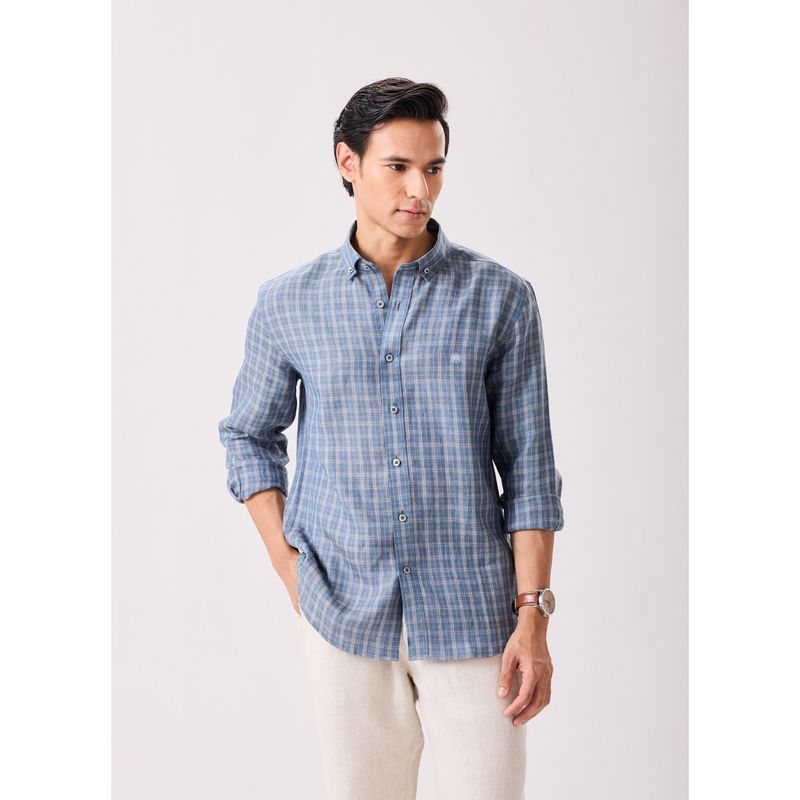 MH&Y Button Down Checks Linen Blue Shirt (38)