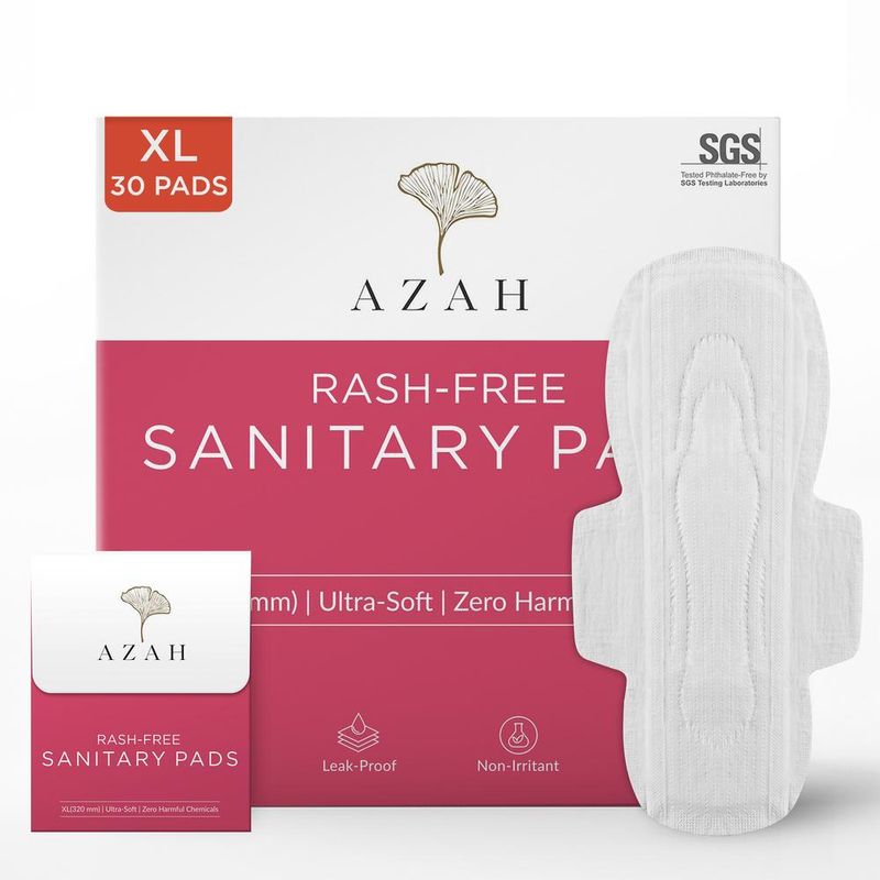 Azah Rash-Free Organic Sanitary Pads (Box Of 30 Pads: With Disposal Bags)