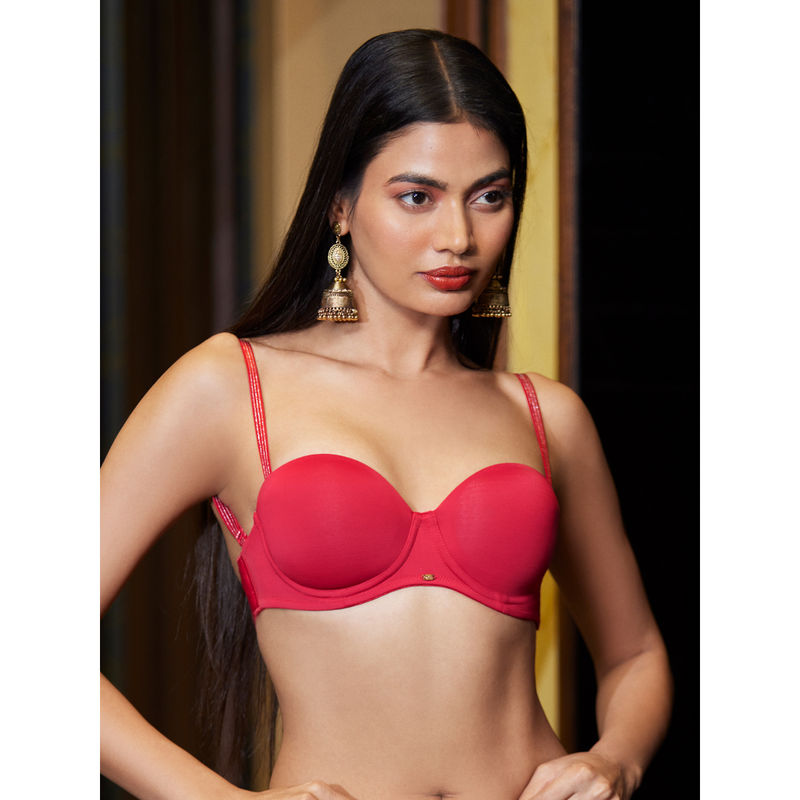 SOIE Medium Coverage Padded Underwired Multiway Strapless Transparent Back Bra-Cherry (34B)