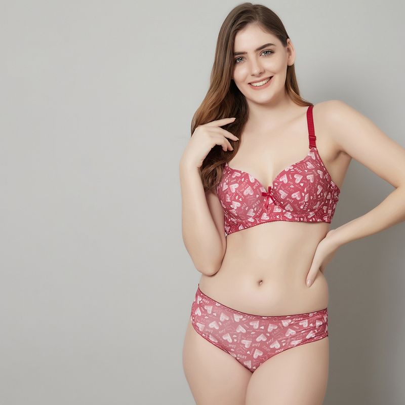 Prettycat Beautiful Love Print Lightly Padded T-Shirt Bra Panty Set - Red (32B)