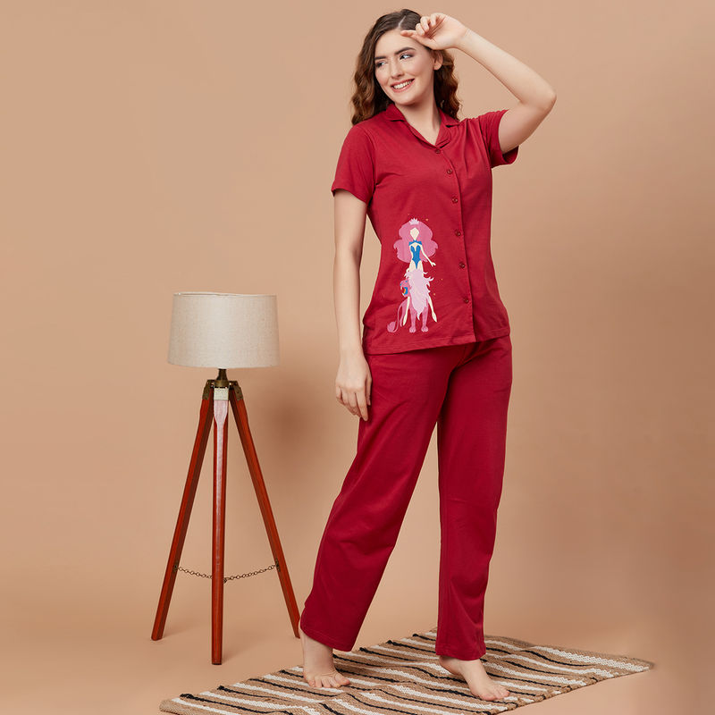 Clovia Button Me Up Shirt & Pyjama With Pocket- Cotton (XXL)