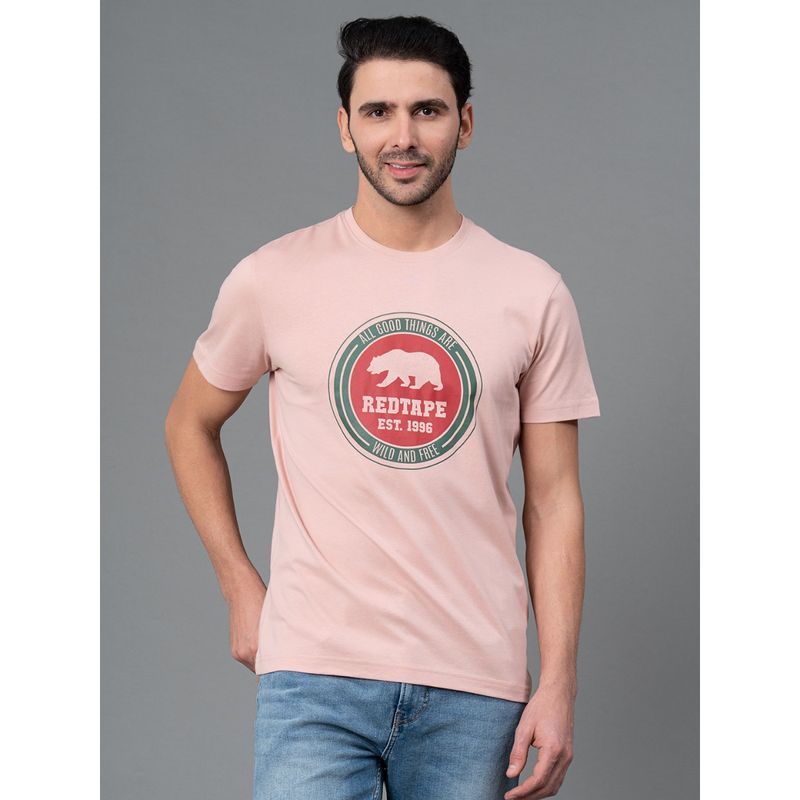 Red Tape Pale Pink Graphic Print Cotton Round Neck Mens T-Shirt (2XL)