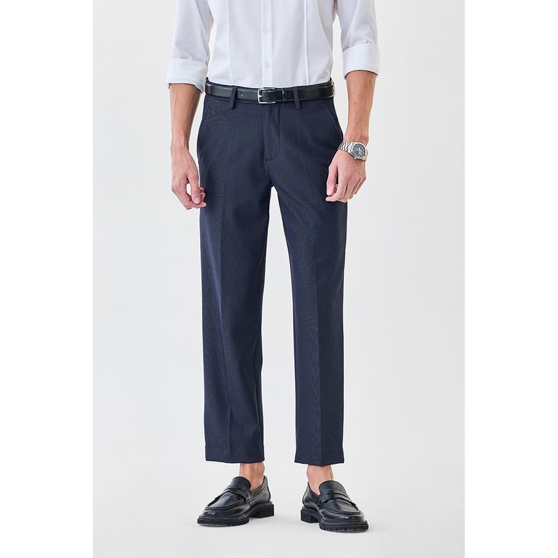 Snitch Navy Blue Self-Design Regular Formal Pant for Men (28)