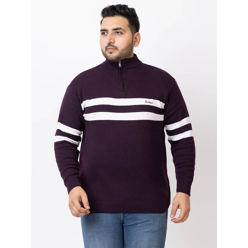 Kvetoo Men Plus Size High Purple Neck Zipper Sweater (M)