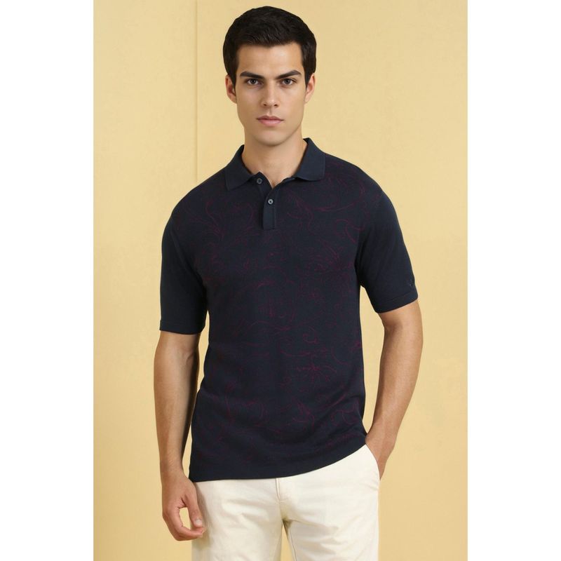 Allen Solly Men Navy Blue Print Polo Neck T-Shirt (S)