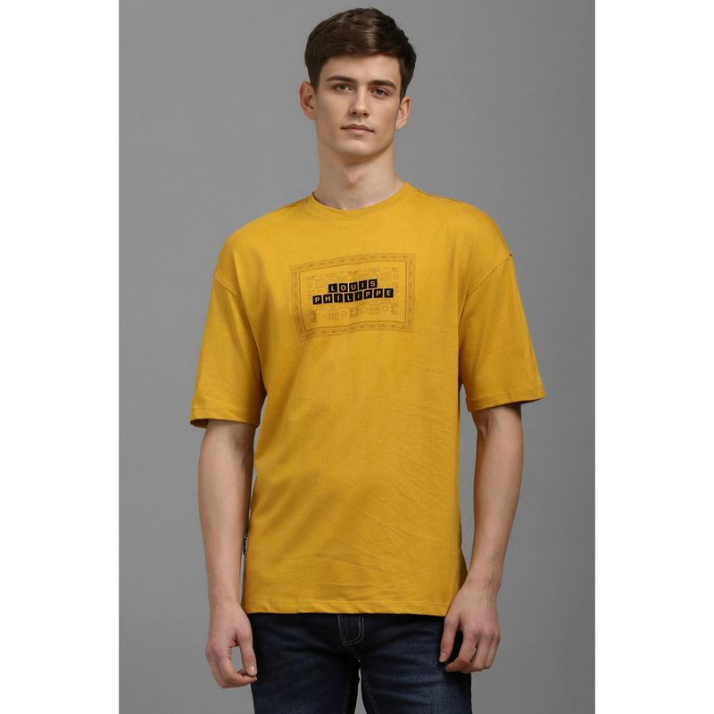 Louis Philippe Men Mustard Graphic Print Crew Neck T-Shirt (XL)