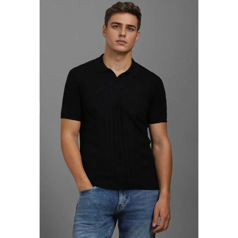 Louis Philippe Men Black Self Deisgn Polo Neck T-Shirt (S)