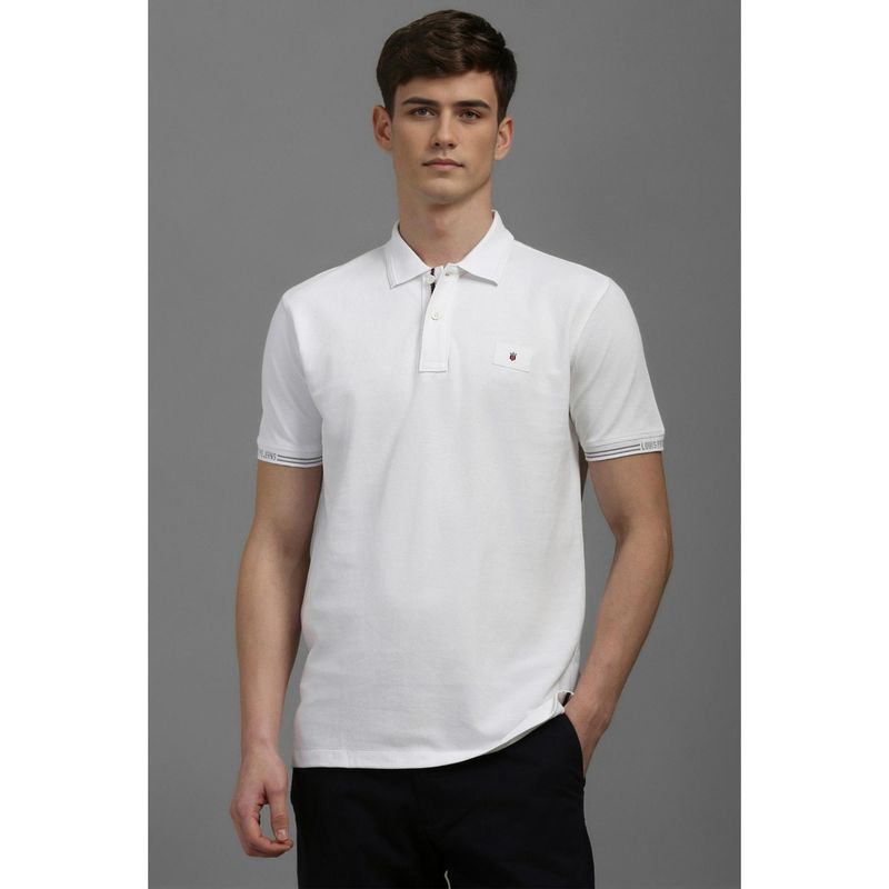 Louis Philippe Men White Textured Polo Neck T-Shirt (L)