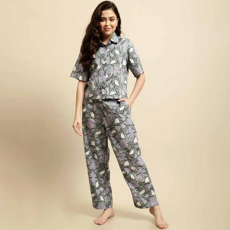 Secret Wish Womens Green Sanganeri Handblock Floral Print Co-Ord (Set of 2) (S)