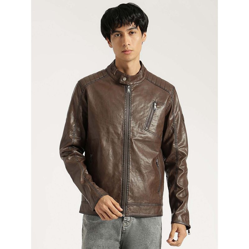 United Colors of Benetton Regular Fit Brown Solid Vintage Pu Biker Jacket (S)