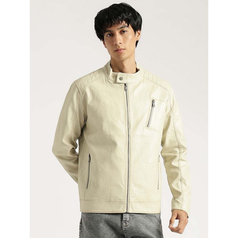 United Colors of Benetton Regular Fit Beige Solid Vintage Pu Biker Jacket (M)