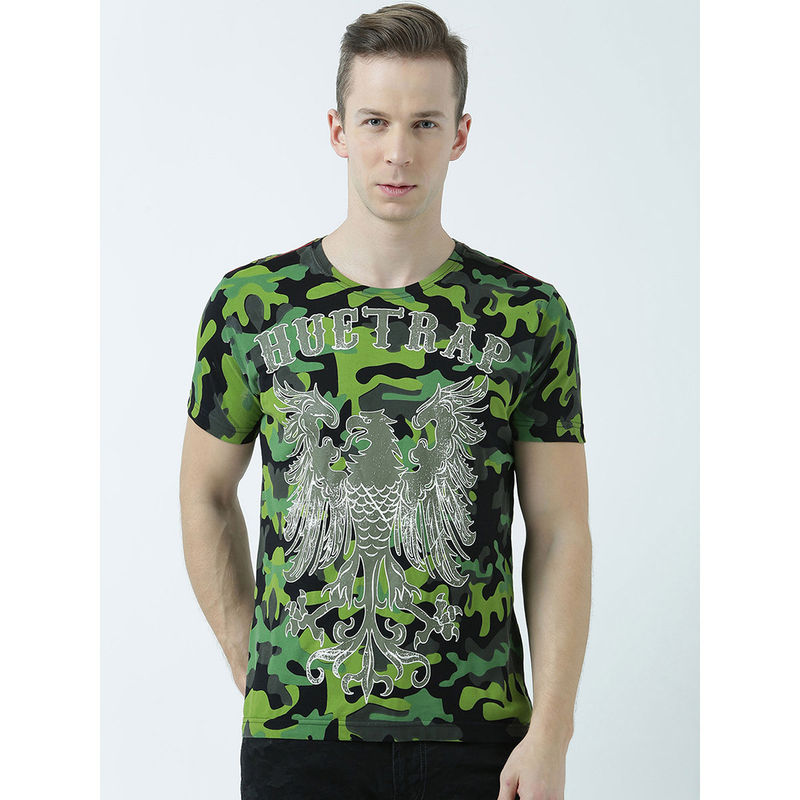 Huetrap Mens Printed Round Neck Black T-Shirt (S)