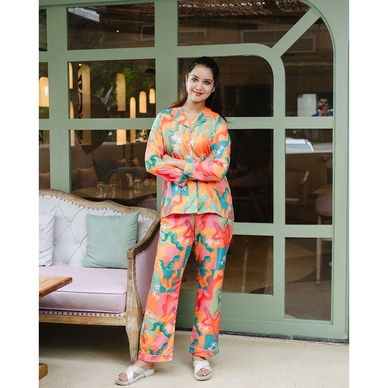 Bedgasm Sleepwear Multi-Color Printed Shirt with Pyjama & Mask (Set of 3) (S)